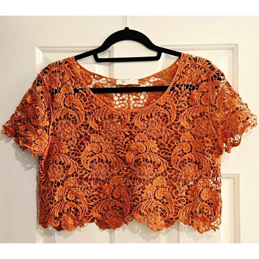 Xxi Womens Crocheted Lace Cropped Blouse L Orange Floral Round Neck Short Sleeve